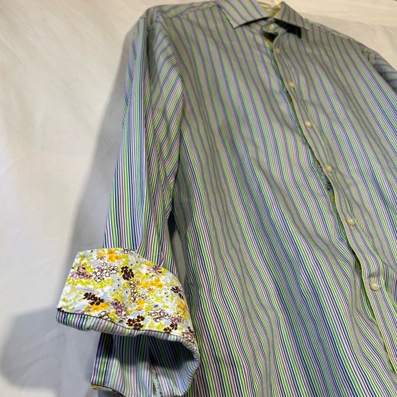 NEIMAN MARCUS DESIGNER RAINBOW STRIPES FLIP CUFF BUTTON DOWN SHIRT MENS LARGE - Picture 2 of 7